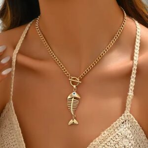 Hip Hop Fish Bone Pendant Necklace