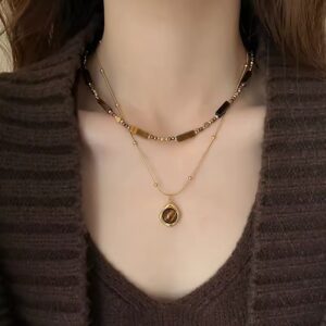 Retro Layered Tiger Eye Pendant Necklace